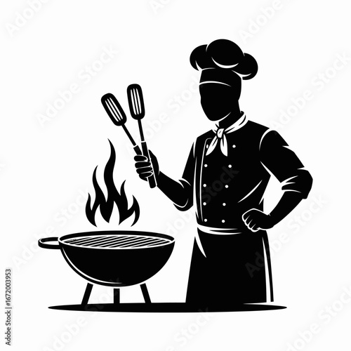 Grill Chef with Spatulas and Fire Illustration
