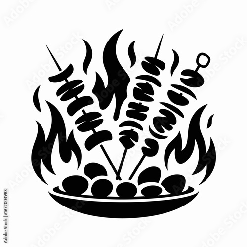 Grilled Skewers with Flames Icon Illustration