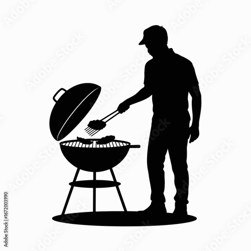 Grilling Silhouette Man Barbecuing in Backyard