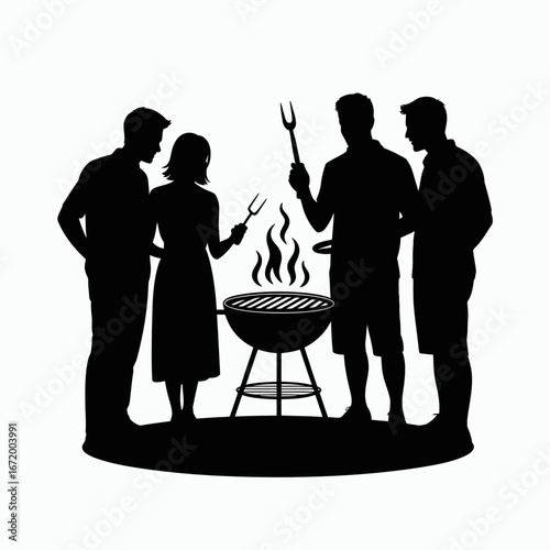 Grilling Together Silhouette of Friends Cooking Outdoors