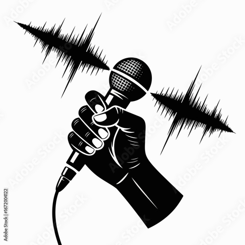 Hand Holding Microphone with Sound Waves