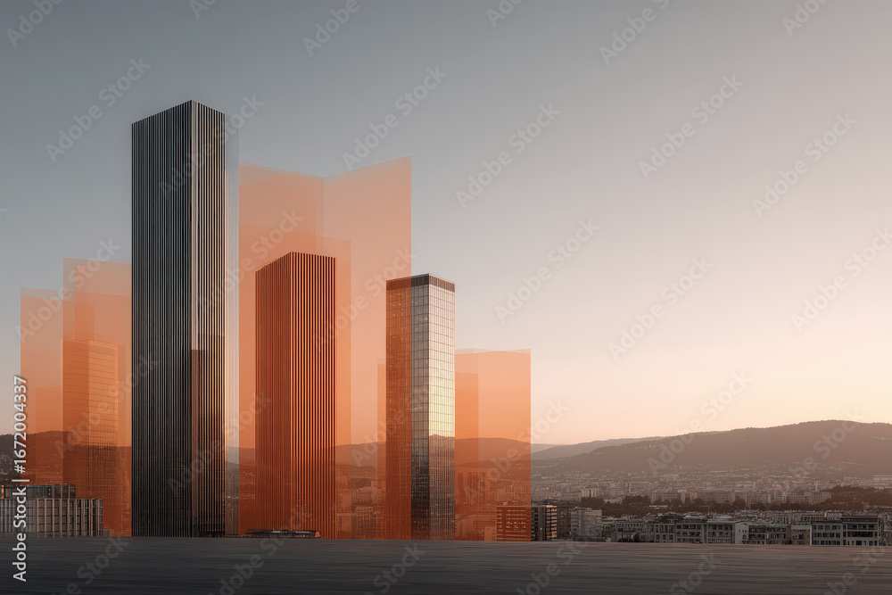 Obraz premium modern cityscape at sunset featuring ar overlay displaying housing prices in real time