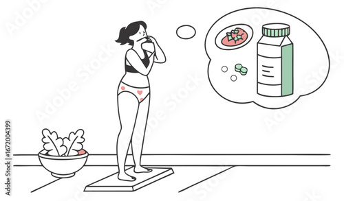 Woman thinking about weight control. Girl in underwear standing on scale in doubt flat vector illustration. Dietary supplement, healthy diet concept for banner, website design or landing web page