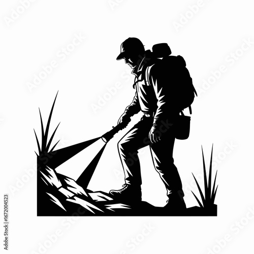 Hiking Explorer with Flashlight in Nature Scene