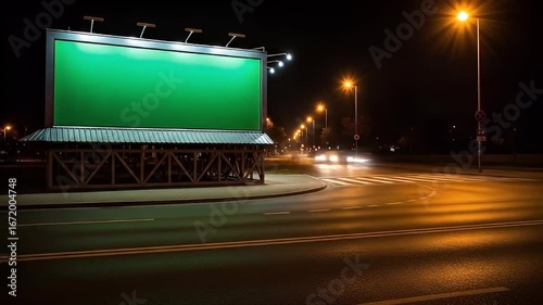 Green Screen Billboard at Night in City with Empty Ad Space. Urban Digital Marketing Mockup for Advertising Content.