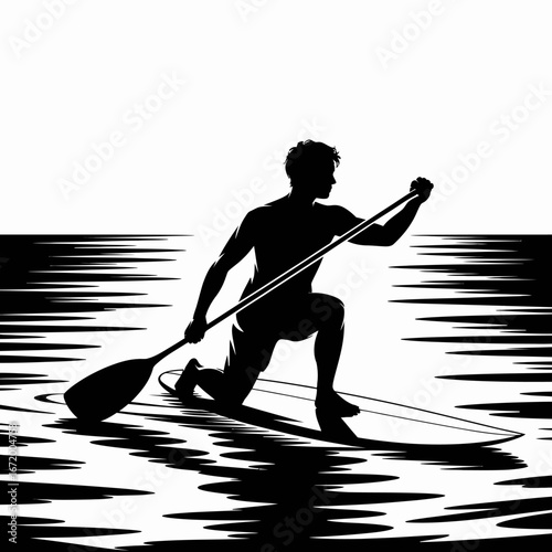 Kneeling Paddleboarder Silhouette on Water Surface