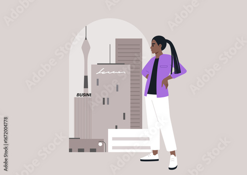 In a striking urban setting, a young girl showcases her braided hairstyle while posed with confidence near an arched window, capturing the essence of city life and creativity at dusk