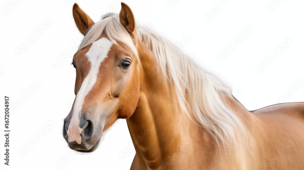 Obraz premium horse isolated on white background | Brown Standing Horse with Long White Spot on Head