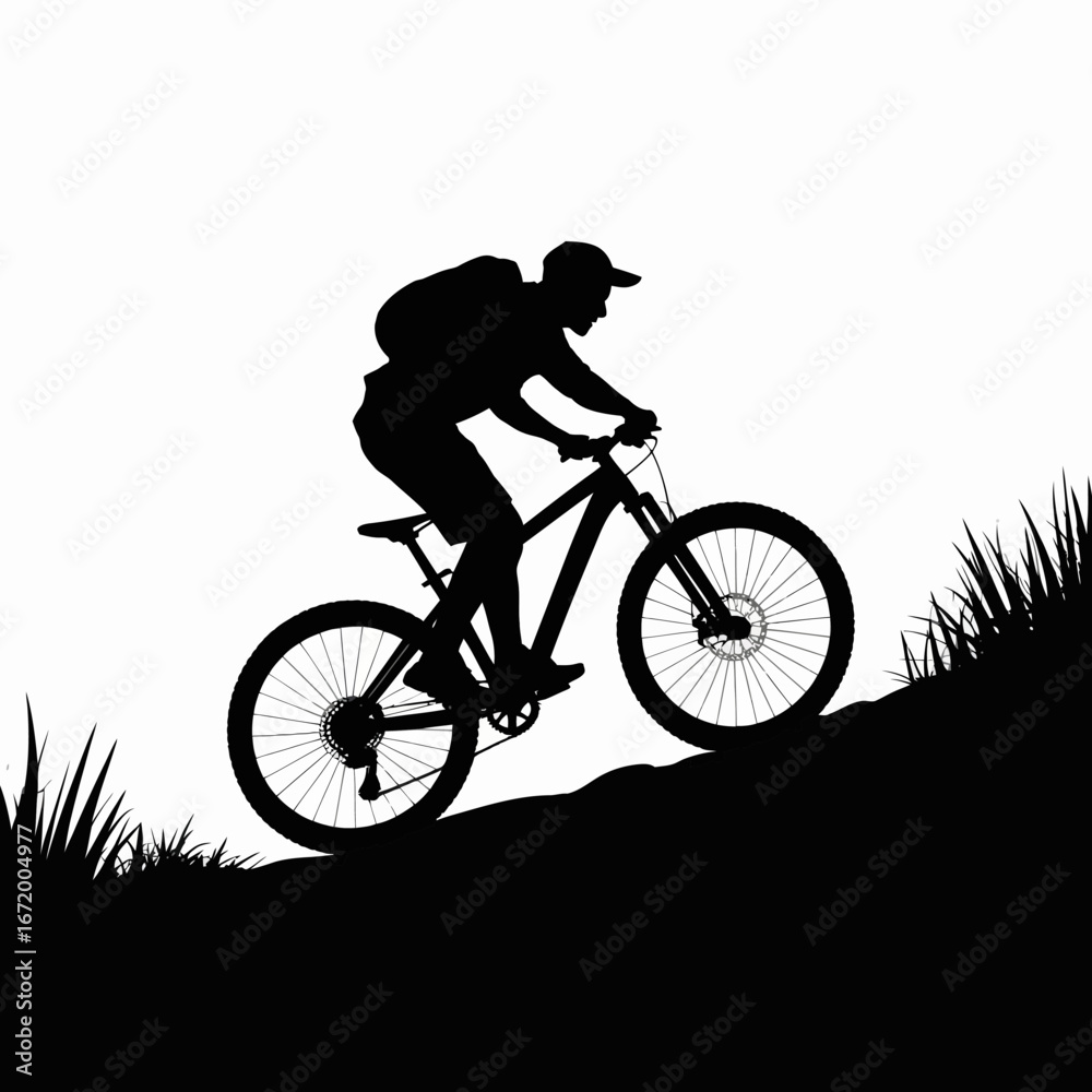 Naklejka premium Mountain Biker Climbing Uphill Silhouette Illustration