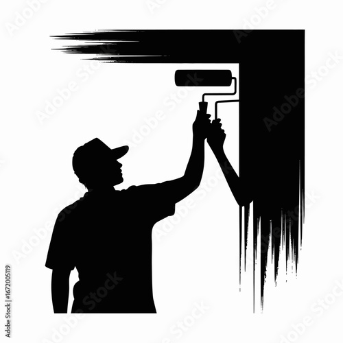 Painter Silhouette with Roller Brush and Wall