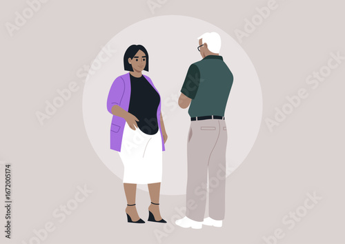 A man and a woman face each other outdoors, enjoying a relaxed conversation, The man stands with his back to the viewer