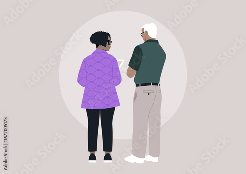 Two individuals in casual clothing are captured interacting from behind, sharing the documents and thoughts, Their unity reflects community spirit