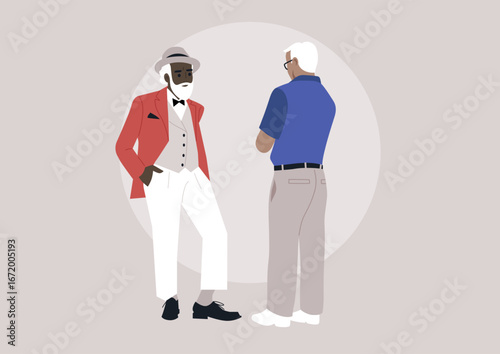 Two men in stylish casual attire share candid conversations outdoor, presenting a blend of casual elegance and friendship