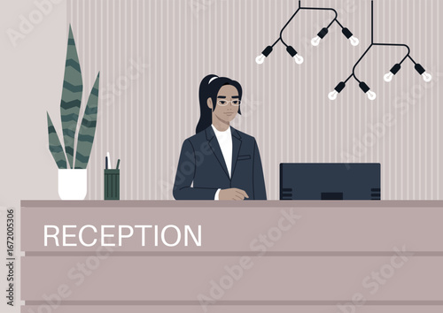 A sophisticated Asian woman stands confidently at the reception desk, welcoming guests with a warm smile while managing inquiries in a beautifully designed office space during a serene afternoon