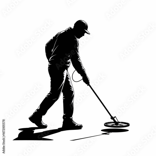 Silhouette of a Metal Detector User in Action