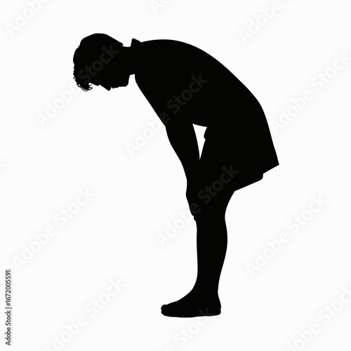 Silhouette of a Person Bowing Down, Exhaustion Concept