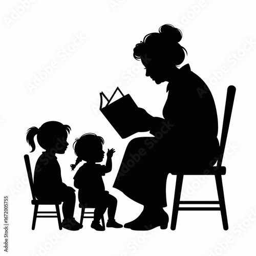 Silhouette of Storytime with Children and Adult