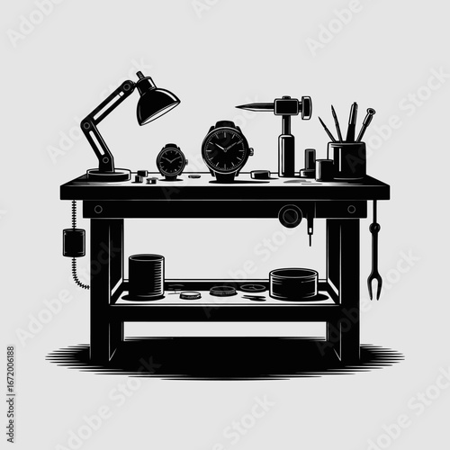Watchmaker's Workshop Table with Tools and Timepieces