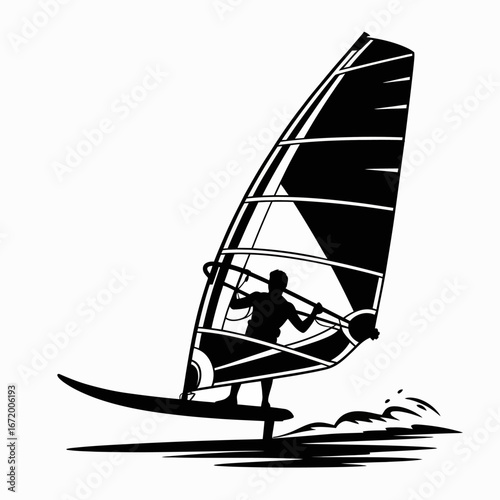 Windsurfing Silhouette Illustration in Black and White