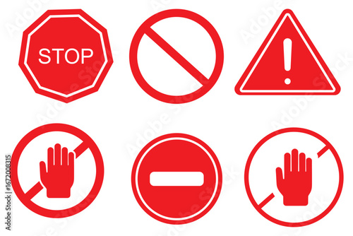 Stop, do not cross, ban, forbidden and alert icon set road safety sign board symbols in red and white color. Stop sign red color isolated. Vector stop hand sign vector illustration