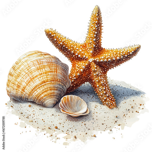 Starfish And Beach Shells, watercolor painting vector, isolated on a white background.