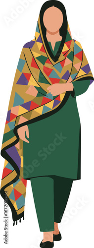 Flat minimal Lahore woman in green kurta pajama with colorful dupatta isolated on white background