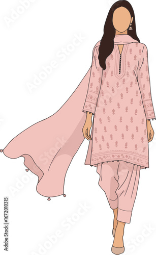 Minimal flat Lahore woman in pastel pink kameez with shalwar and dupatta