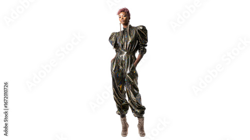 High fashion photography featuring a model in a metallic jumpsuit with a strong geometric silhouette, isolated on a Transparent background, PNG file.