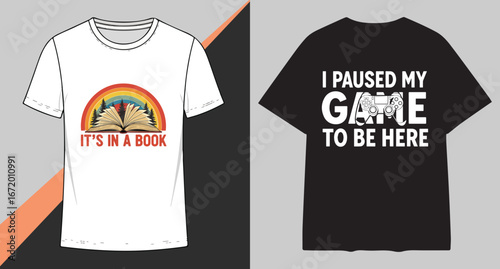 Two t shirts with funny and gaming related slogans displayed side by side on a clean background