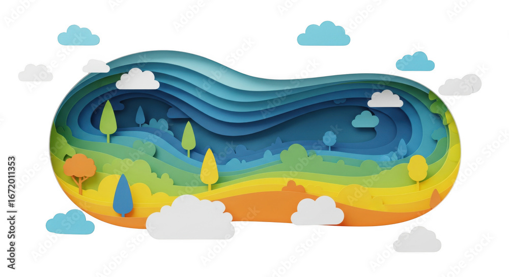 Naklejka premium Abstract layered paper landscape illustration with vibrant colors and clouds