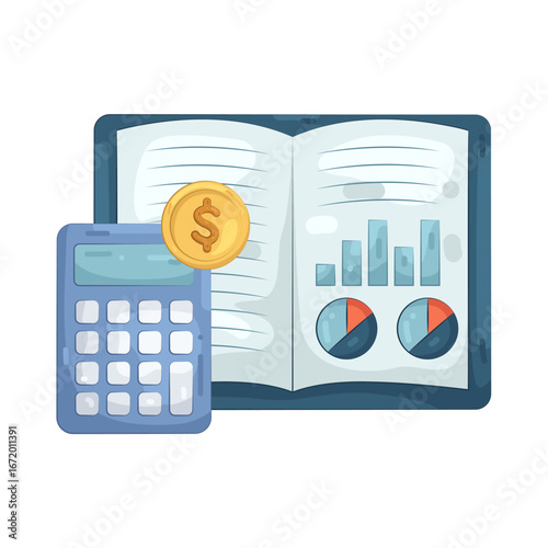 Illustration of accounting book with calculator and coin