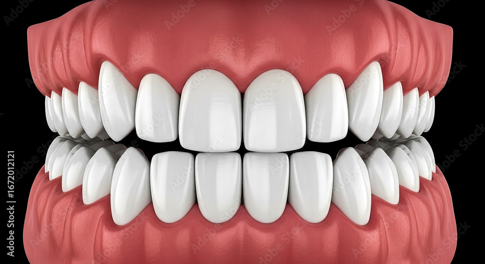 Obraz premium This image displays a detailed view of a full set of white healthy human teeth The gums appear pink and healthy highlighting the importance of good dental hygiene and care for a bright smile