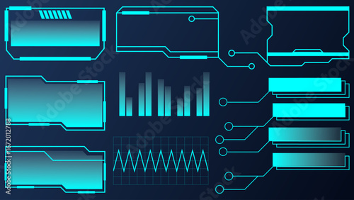 Futuristic interface panels and glowing data charts in neon blue style. Concept of digital dashboards, UI design, sci-fi HUDs, analytics, and cyber technology.