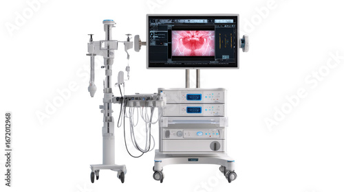 Modern endoscopic surgical system with 3D visualization, isolated on a Transparent background, PNG file.