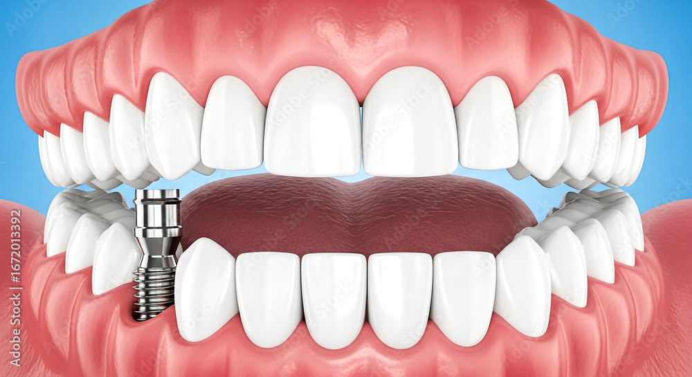 Fototapeta premium Detailed anatomical view of a dental implant integrated into the jawbone supporting a prosthetic tooth This image showcases the process of tooth restoration and dental health improvement