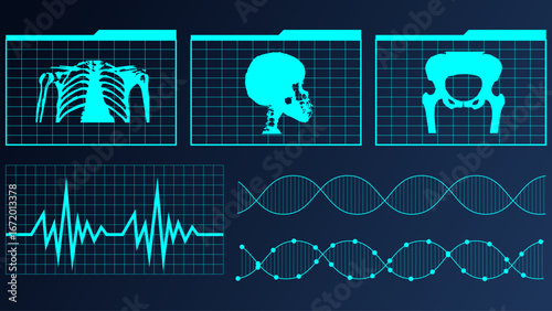 Medical holographic folders with skeleton scans and neon DNA diagrams. Concept of futuristic diagnostics, health data visualization, AI medical technology, and biometrics.
