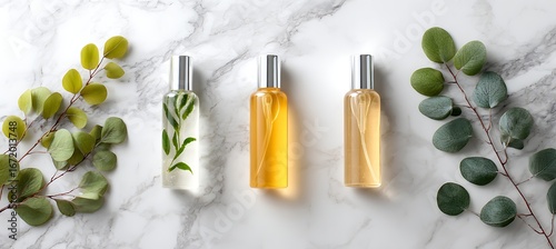 Natural skincare products flat lay photography with eucalyptus leaves and marble background for beauty blog