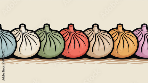 A row of colorful dumplings with black outlines against a light beige background in a cartoon style