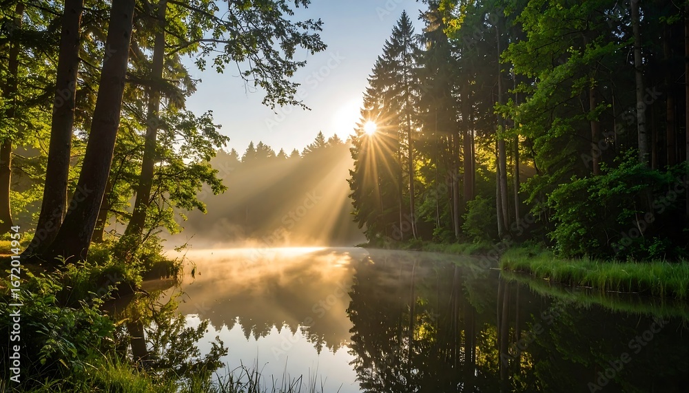 Obraz premium Sunrise over misty forest lake.