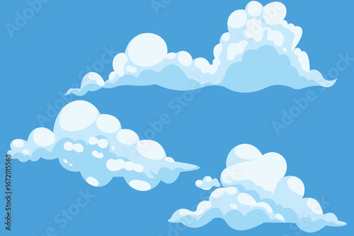 Flat vector set of cartoon white clouds in a clear blue sky. Simple and minimal design, perfect for use as background, weather icons, clipart, or decorative graphic elements in creative projects.
