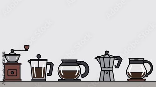 A row of coffee brewing equipment including a grinder a french press a coffee pot and a moka pot