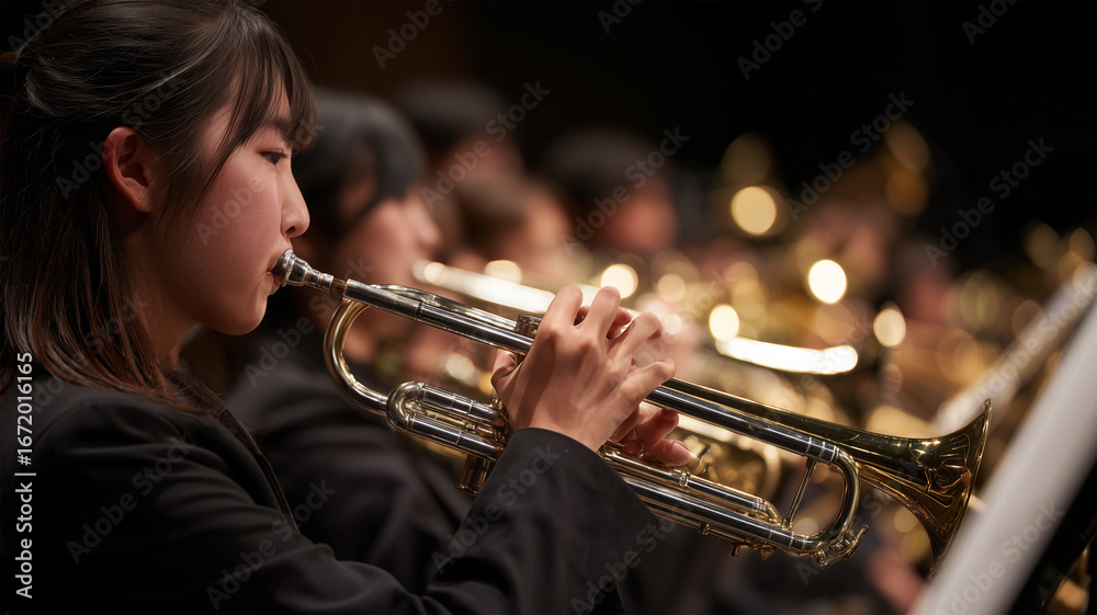 Fototapeta premium 女性がトランペットで輝く金管の響きを奏す