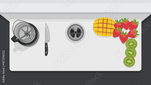 Top view of a kitchen counter with a blender knife drain mango strawberries and kiwi slices arranged neatly