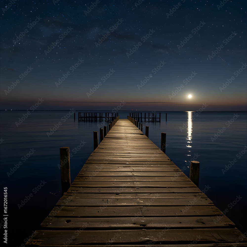 Fototapeta premium Nightfall Serenity Wooden Dock Extending to the Moonlit Sea