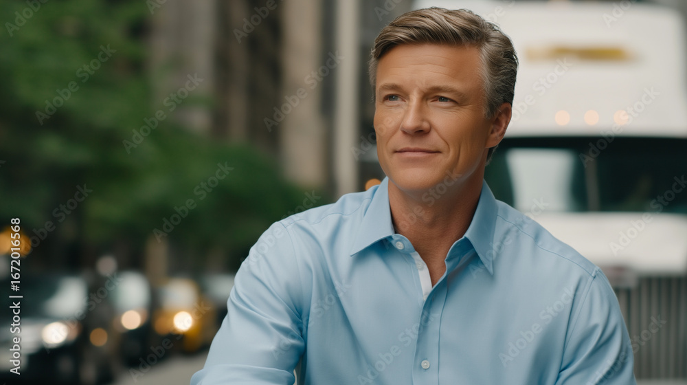 Obraz premium a city rush hour with traffic and lights cluttered streets with signs soft natural light from streetlamps a middle aged man in a truck navigating natural poses as he waits