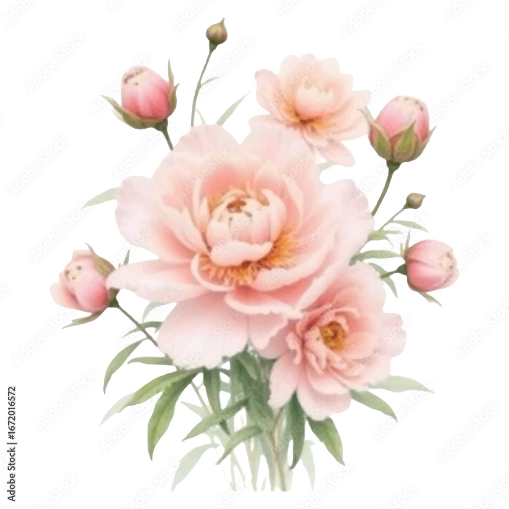 Obraz premium Vector art of a beautiful watercolor painting of a bouquet of delicate pink peonies with buds and green leaves