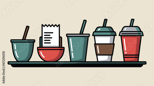 Illustration of five different cups and a receipt holder on a black tray against a beige background