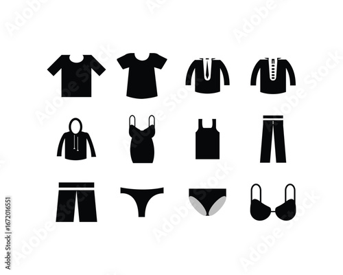 Clothing Icons Set – T-Shirts, Hoodie, Dress, Tank Top, Pants, Shorts, Underwear, and Bra Vector Collection