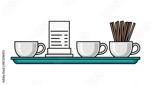 A teal tray holding two white coffee cups a sugar packet and a cup of stir sticks illustration art