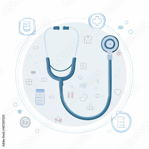 Illustration of Stethoscope with Medical Icons in Pastel Colors